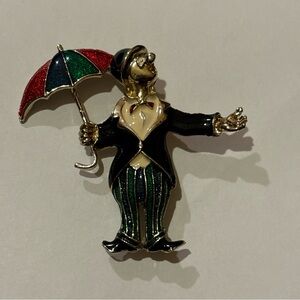 Vintage Gold Tone Metal Enamel Clown w/Umbrella Pin Figural Brooch